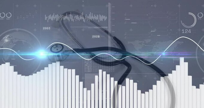 Bar chart rising triggers sine wave sweeping across stethoscope, highlighting live health trends - Powered by Adobe