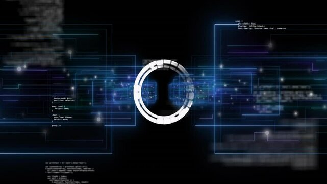 Opening black frame showing neon-blue frames emerging, shifting inward, pulsing ring enclosing code