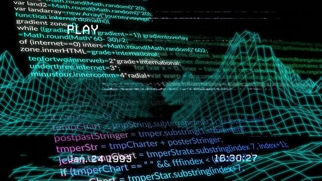 On playback digital 3D grid rotating and zooming while code lines scrolling and visualizing runtime