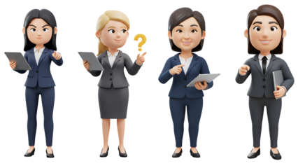 Set of Confident 3D businesswomen present ideas and make decisions, holding tablets and folders while standing in an office setting.