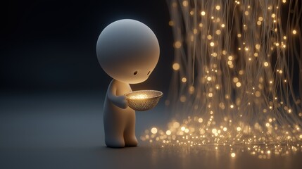 A 3D figure filtering a waterfall of data, a minimalist concept of information filtering, data mining, and finding valuable insights in the age of big data.