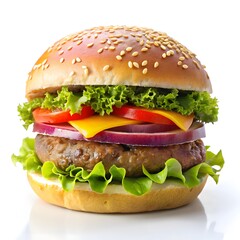 Classic Cheeseburger with Fresh Veggies on Sesame Bun With White Background