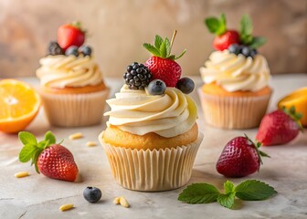 Gourmet Cupcake Topped with Fresh Berries and Whipped Frosting