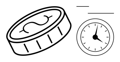 Outlined coin with dollar sign alongside an analog clock suggests value, time, and efficiency. Ideal for finance, investment, productivity, time management, budgeting, savings minimalism simple