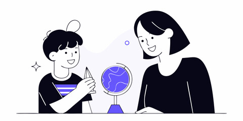 Mother and Child Learning Geography with a Globe