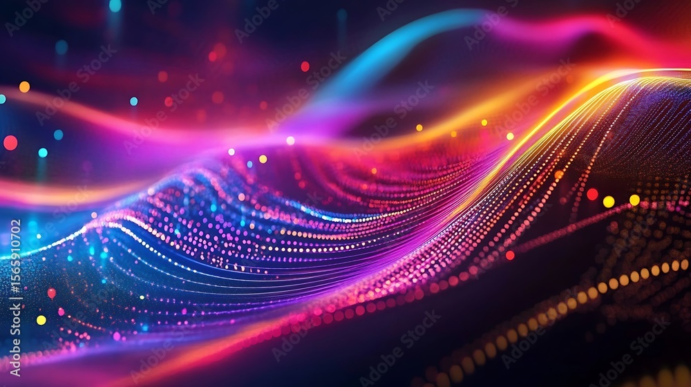 Poster abstract neon colored waves blending into a pulsating digital grid waves forming intricate colorful 