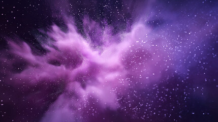 Purple nebula explosion in deep space, with vibrant cosmic dust and glowing stars.