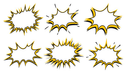 Naklejka premium Comic Speech Bubble Explosion Set. Hand Drawn Comic Burst Outline Elements. Yellow Comic Style Dialogue Frames for Pop Art.