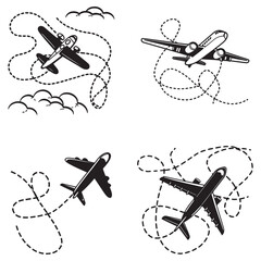  Line path vector icons of air plane flight routes with start point and 
dash line trace. Travel concept Dotted path airplane Aircraft tracking.
