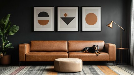 Modern living room with brown leather couch and abstract art