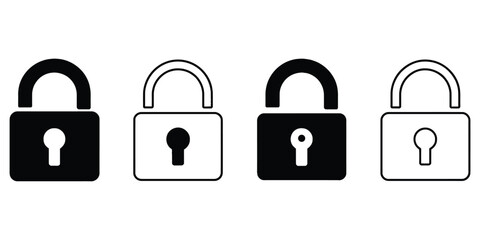 Four Padlock Icons Varying Line Thickness Security System on White Background
