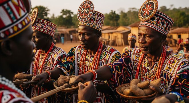 Nigerian chiefs in traditional attire exchanging yams during the New Yam Festival
