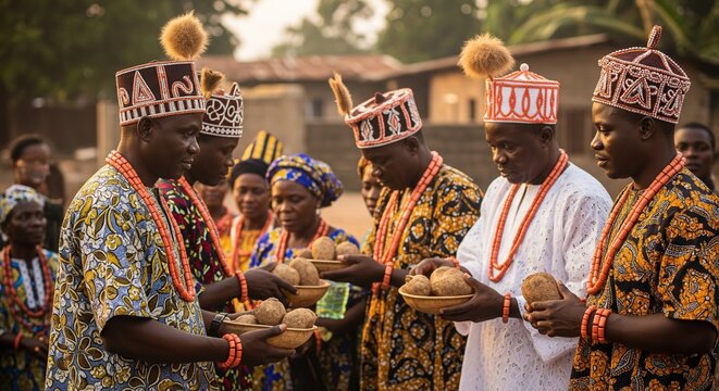 Group of Nigerian elders celebrating the New Yam Festival in a village