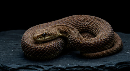 Fototapeta premium Magnificent Brown Snake Coiled on Dark Stone Dramatic Reptile Wildlife Photography