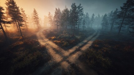 Obraz premium A mystical crossroads splitting into two paths in an enchanted forest, golden light through ancient trees. Choices and mystery in a magical woodland. 