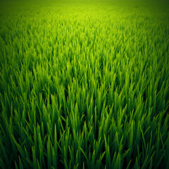 Field of gradient green grass with the sun shining on it and growing wildly and hasn't been cut in some time 