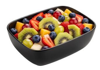 Fresh fruit salad in black bowl strawberries blueberries