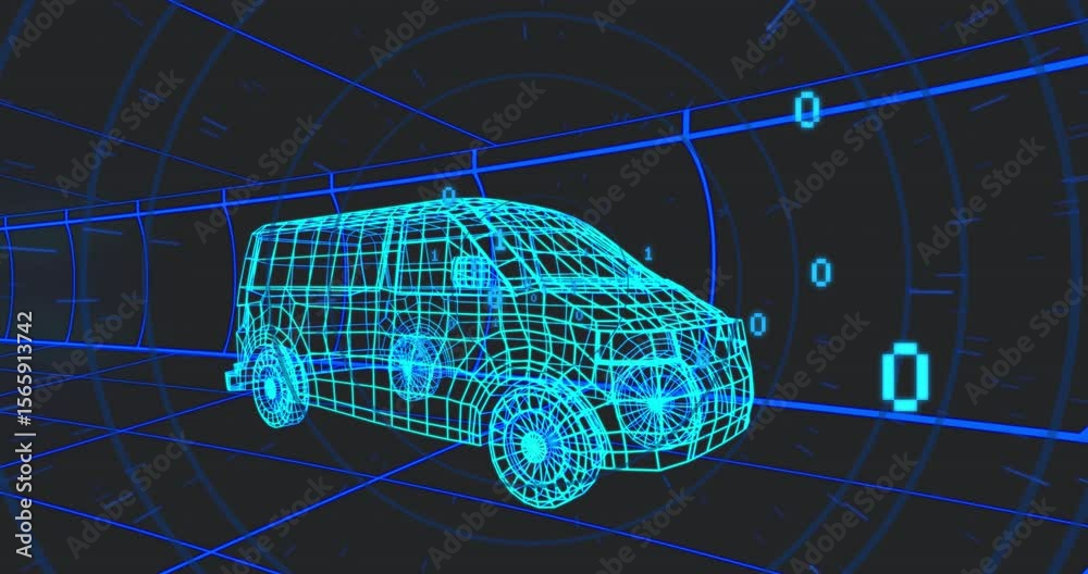 Poster blue wireframe van appearing in tunnel starting pulsing digits and blocks visualizing data flow