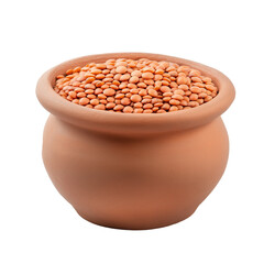 PNG Clay pot filled with red lentils on white background, showcasing healthy legume in rustic container