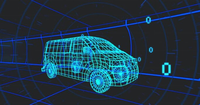 Blue wireframe van appearing in tunnel starting pulsing digits and blocks visualizing data flow