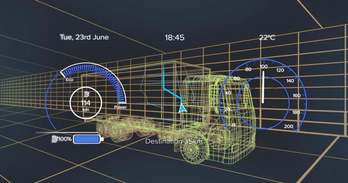 Battery charging showing gauge animation 3D truck accelerating discharging demonstrating energy use