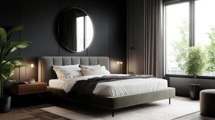 Fototapeta premium A modern bedroom with a dark color scheme features a large round mirror, a grey upholstered bed, and large windows with natural light and greenery