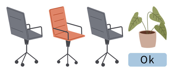 Three modern office chairs, one highlighted in red among two gray, accompanied by a potted plant and labeled Ok. Ideal for office, teamwork, selection, approval, productivity, decision-making simple