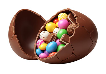 Chocolate egg filled with colorful candies and chocolates