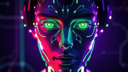 A highly detailed, futuristic digital AI face, bathed in vibrant, electric neon green and purple hues, with intricate, swirling patterns of light accents that evoke the advanced neural networks and pr