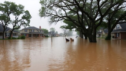 Obraz premium A serene yet devastating view of a flooded residential area, with one-to-two-story homes surrounded by calm, murky brown water that reaches up to the windowsills, and trees with thick, gnarled branche