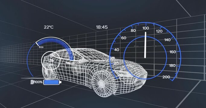 Detecting 9% battery starting charging, wireframe 3D car accelerating to 100km or h slowing to 60km 