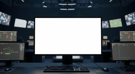 Blank screen large monitor in dark control room security surveillance technology system