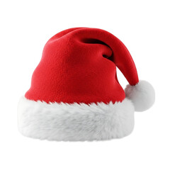 Plush red santa hat with white trim isolated on a transparent background christmas