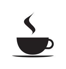Black and white illustration of a steaming cup of coffee or tea on a saucer.