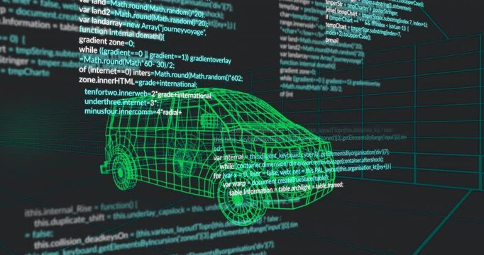 Code scrolling behind wireframe van on grid, intensifying then fading, revealing vehicle design