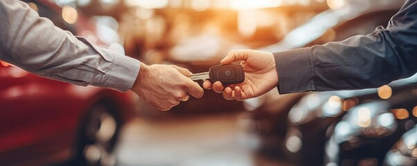 Transportation rental automotive business concept: Close-up of a rental agent handing a car remote key to a client for their sightseeing trip, Generative AI