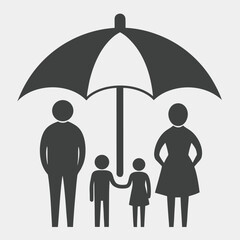 Man and woman with umbrella protecting family from rain, a concept of safety and security