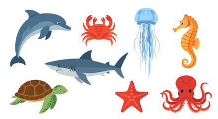 Illustration of a dolphin, crab, jellyfish, seahorse, shark, turtle, starfish, octopus