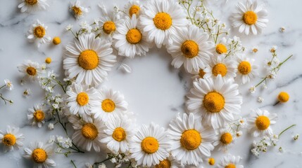 Obraz premium White daisy chamomile flowers in a circular pattern on soft pink background, embodying spring's delicate harmony. 