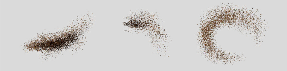 Flying coffee or chocolate powder, dust particles in motion, ground splash isolated on light background. Vector illustration.