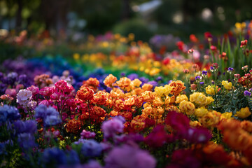 Vibrant Rainbow Flower Garden in Full Bloom - Colorful Spring or Summer Backgroung