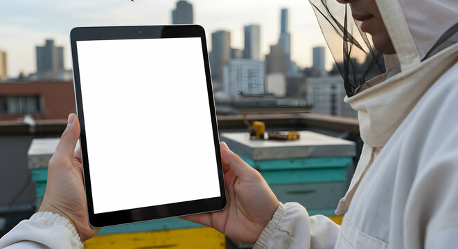Urban Beekeeping Tablet Mockup Blank Screen Cityscape Rooftop Honey Bees