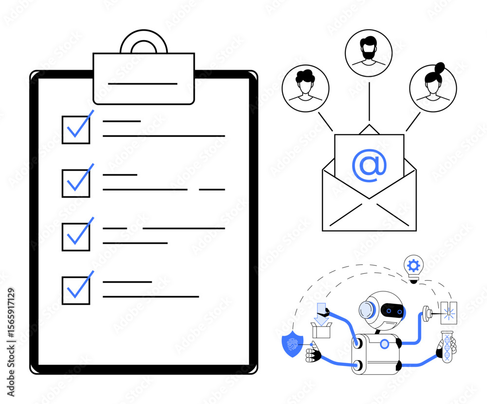 Poster robot performing tasks, checklist with marked items, email addressing users. ideal for automation, p