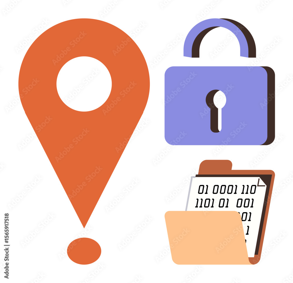 Poster orange location marker, purple padlock, and folder with binary code highlight themes of cybersecurit