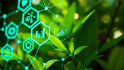Digital overlay of interconnected icons on green leaves, representing technology and nature integration.