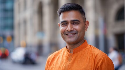 Smiling delivery professional in orange, exuding warmth and approachability, embodying reliable service with a personal touch.

