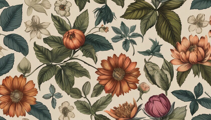 Vintage Botanical Floral Seamless Pattern Cream Background Autumn Colors Orange Flowers Dark Green Leaves Dahlia Textile Design
