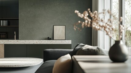 A modern living room with a dark green wall, terrazzo countertop, and dark gray sofa, featuring natural light and dried floral arrangement