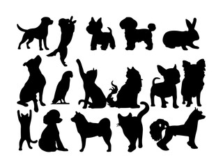 Silhouettes of Domestic Pets Including Cats, Dogs, Rabbits, and Birds
