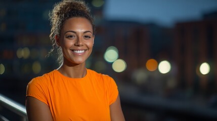 Smiling delivery professional in orange, exuding warmth and approachability, embodying reliable service with a personal touch.
